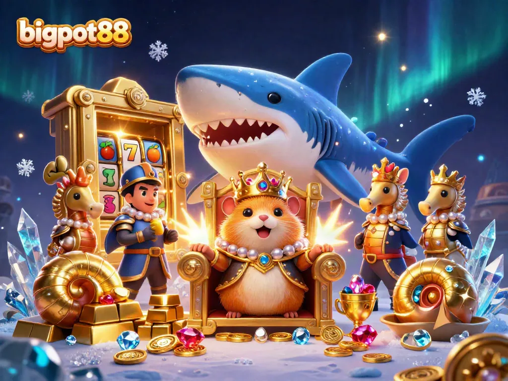 bigpot88 menang besar dengan hamster raja bermahkotakan karang, dikelilingi harta karun dan elemen slot
