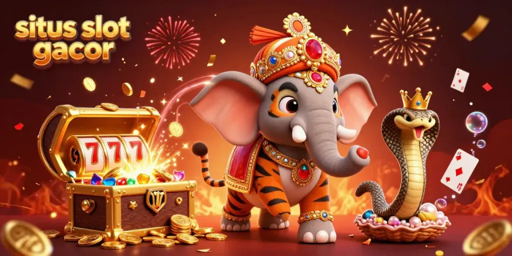 Play slots at situs slot gacor with a dynamic 3D scene illustrating a maharaja, elephant, and cobra.