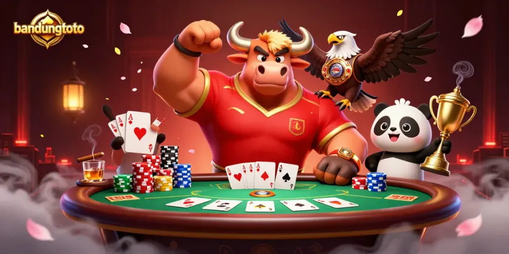 Experience thrilling moments with bandungtoto's dynamic casino scene featuring a bull mascot, eagle, and panda.
