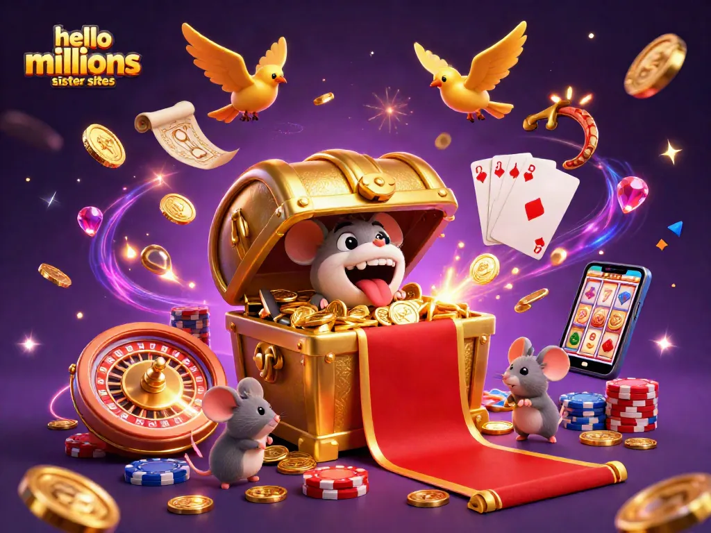 Engage in action at hello millions sister sites with a treasure chest and slot reels surrounded by coins.