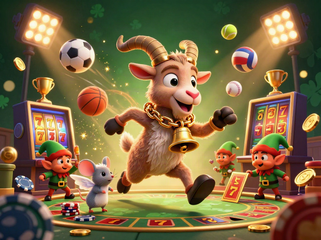 Enjoy thrilling slot action in a colorful, festive casino atmosphere with cartoon characters.