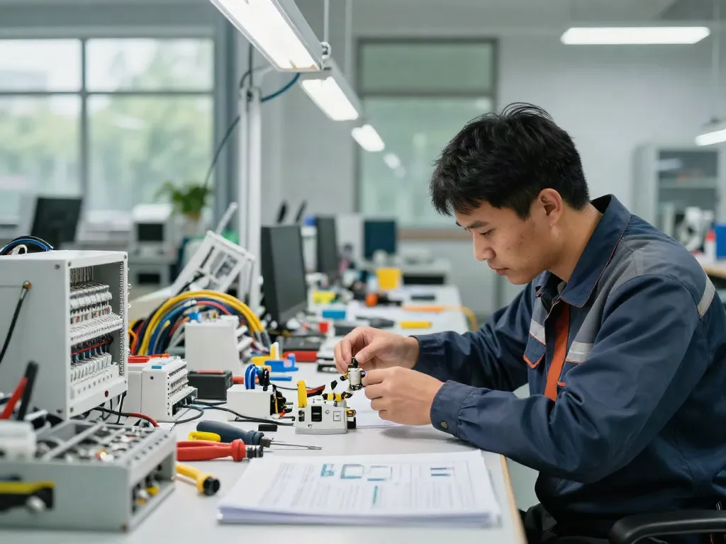 Technician connecting amc1 electrical connector in workshop, showcasing tools.