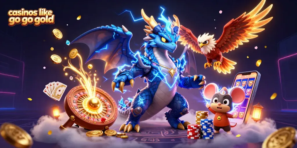 Experience thrilling games like Go Go Gold with dynamic characters, gold coins, and vibrant casino elements.
