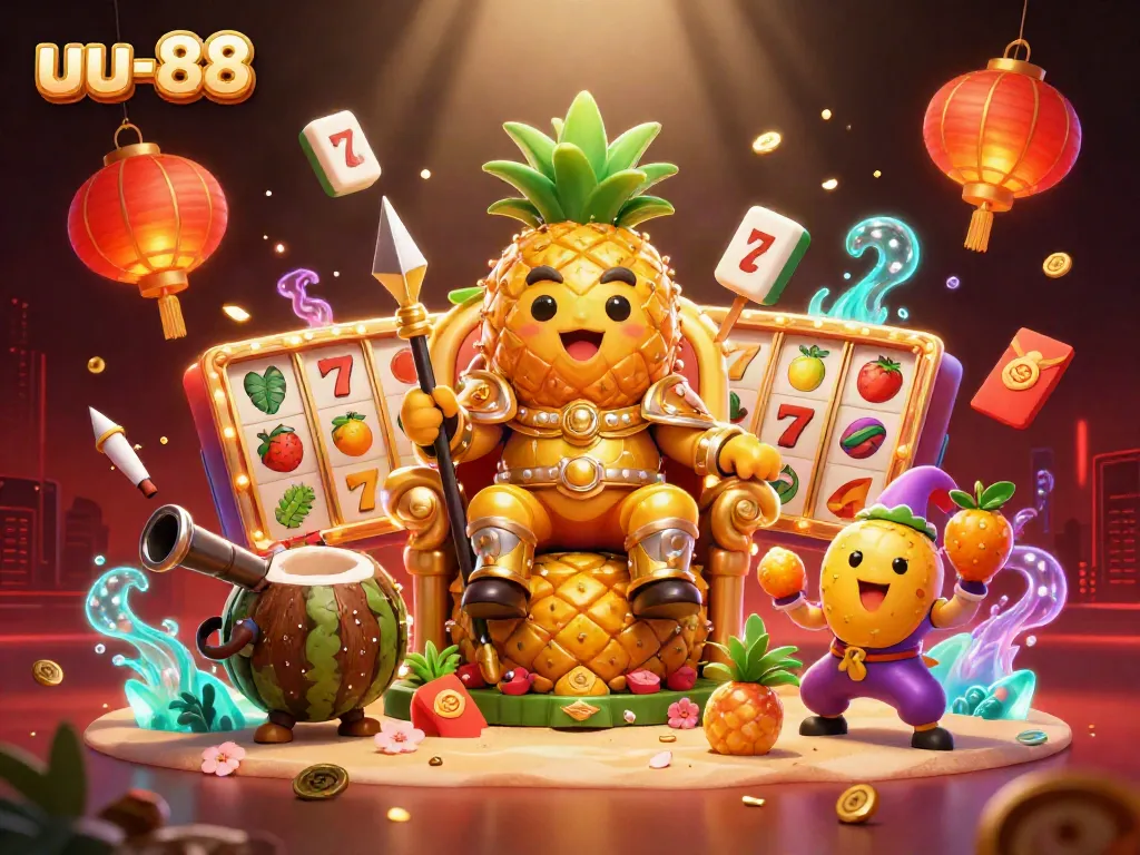 Engage with a vibrant uu-88 casino scene featuring a pineapple king and dynamic game elements.