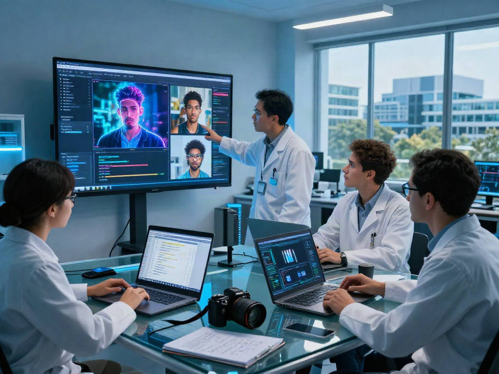 AI Image Detection analysis in a tech lab with scientists examining digital visuals, highlighting image authenticity.