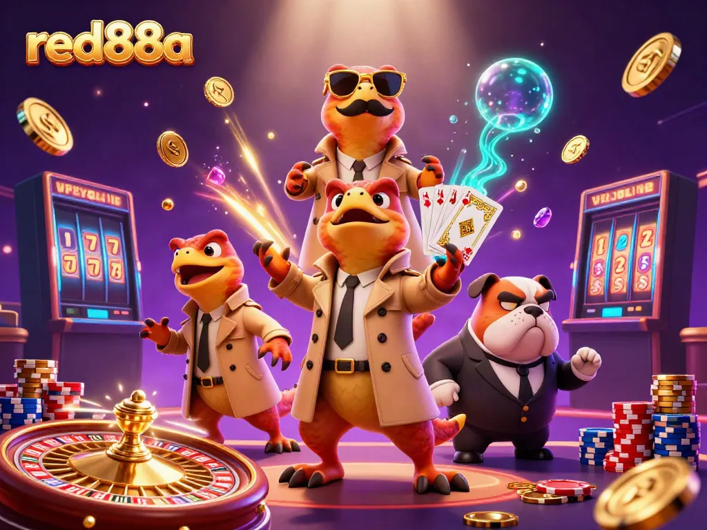 Experience the excitement of red88a in a vibrant casino scene with playful raptors.