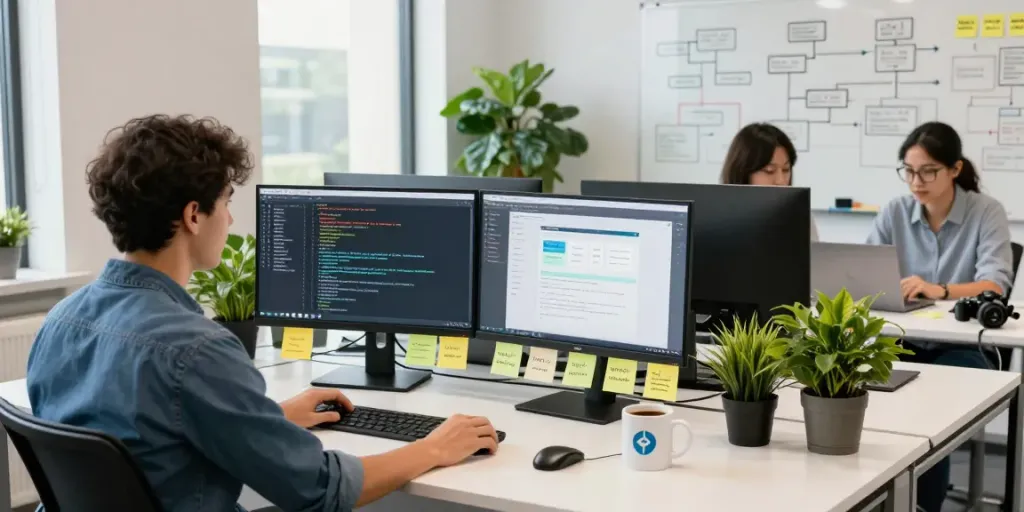 MVP development service in action with a developer coding on dual monitors surrounded by project notes and coffee.