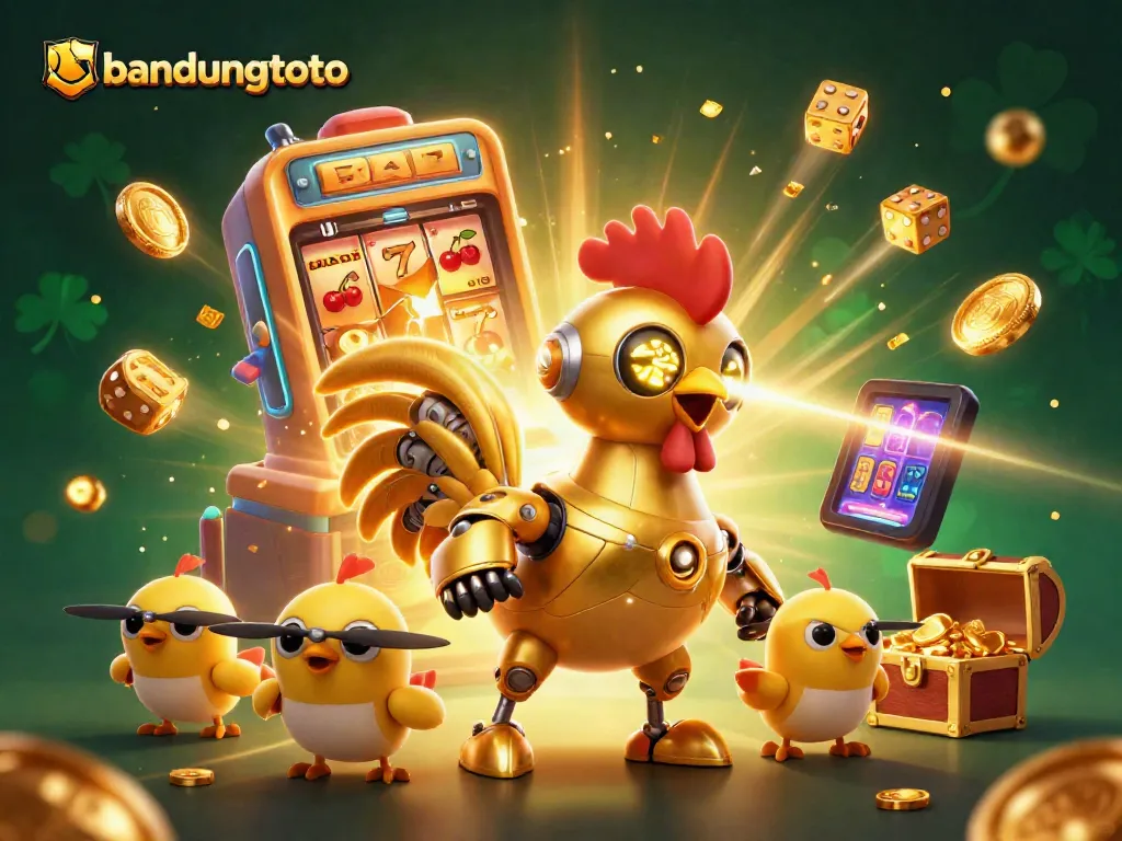Experience excitement with the bandungtoto jackpot slot machine and golden rooster robot surrounded by dazzling game elements.