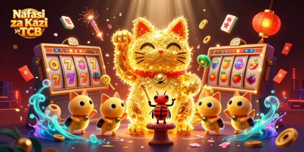 Nafasi za Kazi Benki ya TCB showcases a vibrant scene with a lucky cat and various casino elements!