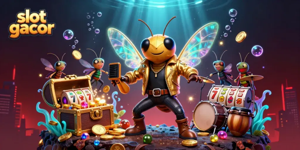 Experience winning excitement with slot gacor in this dynamic casino-themed illustration featuring vibrant characters and elements.