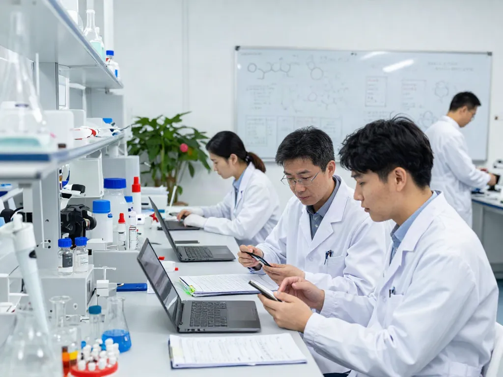 Researchers analyzing peptide data at a modern lab set up in peptidestore environment.
