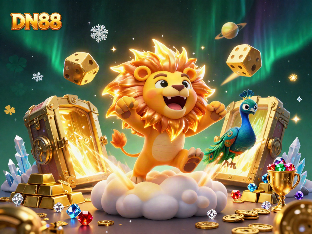 Experience thrilling wins with DN88's vibrant animation showcasing a 3D cartoon lion amidst a casino treasure scene.