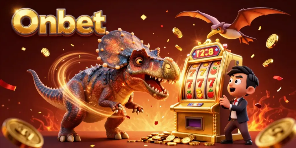 Onbet's cartoon pachycephalosaurus triggers a jackpot at the slot machine, capturing the excitement of casino gaming.
