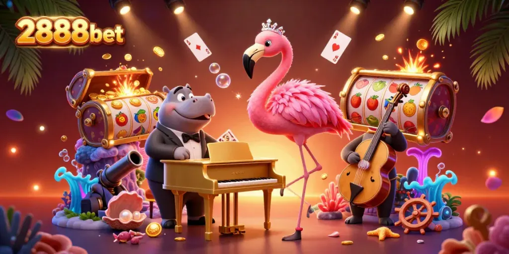 Experience vibrant gaming with 2888bet in this lively 3D casino scene filled with excitement.