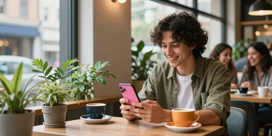 Enjoying a moment of genuine connection through pink live chat in a vibrant café setting.
