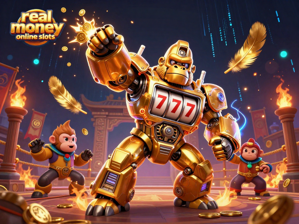Win big with real money online slots in this vibrant 3D casino battle scene.