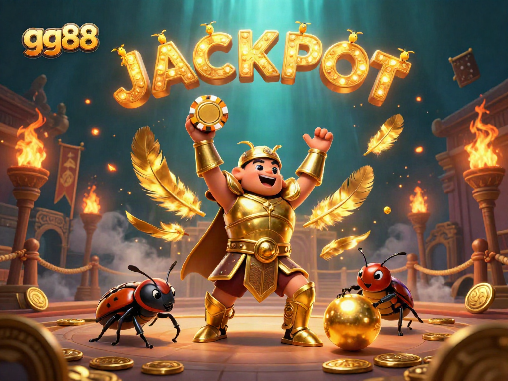 Join the excitement of gg88 as a heroic beetle lifts a jackpot poker chip in this vibrant casino scene.