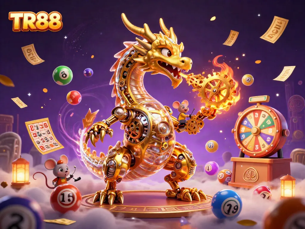 Play TR88 with vibrant lottery balls, prize wheels, and golden tickets in this dynamic casino scene.