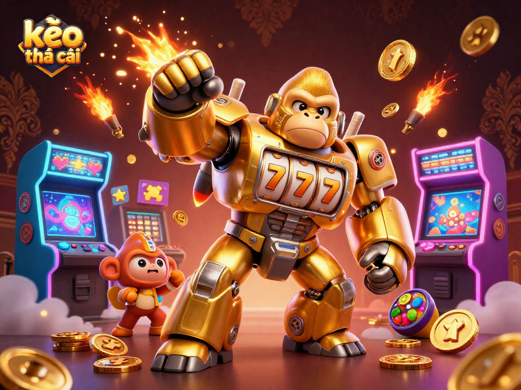 Engage with kèo nhà cái featuring a striking 3D gorilla mech amidst slot machines and game elements.