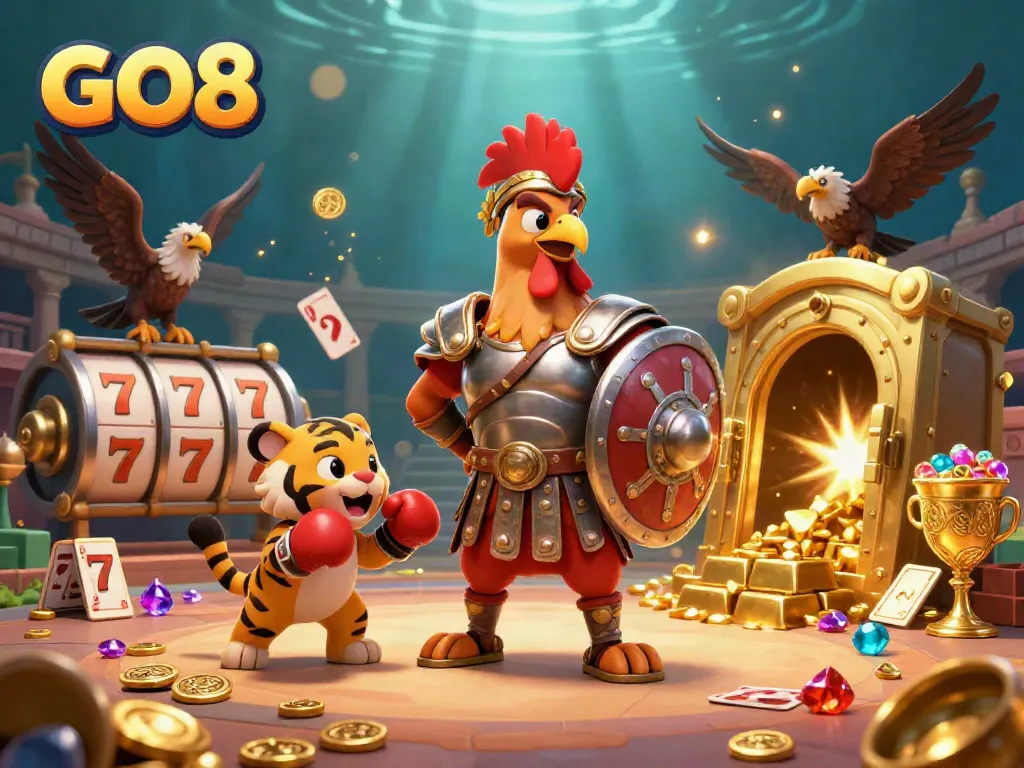 Engage with GO8 gaming adventures featuring animated slots and a dynamic colosseum scene.