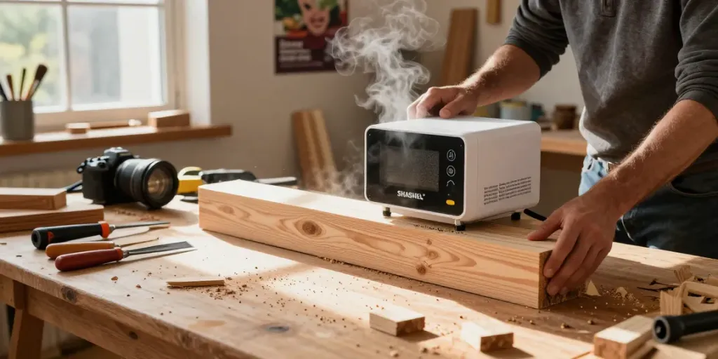SHASHEL® microwave device eliminating wood-boring insects in a cozy workshop.
