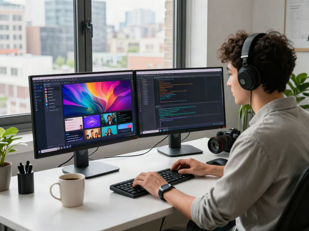 The pikashow app showcased on dual monitors in a modern tech workspace, reflecting a vibrant streaming interface and coding environment, illustrating a productive developer's setting.