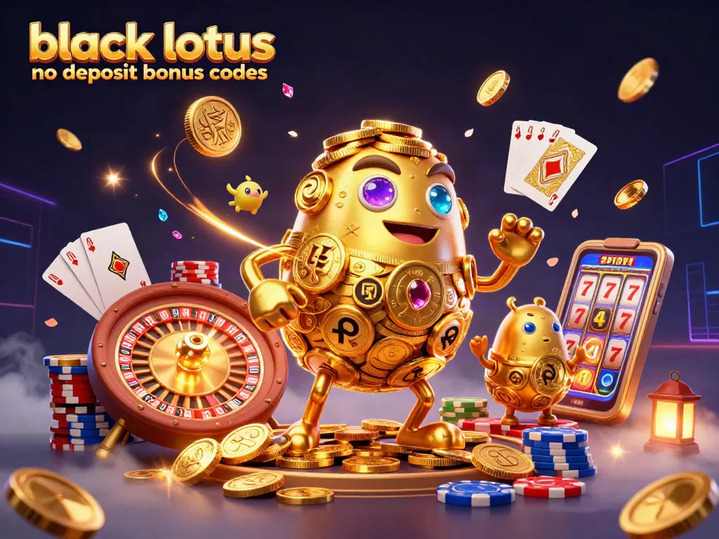 Engage with black lotus no deposit bonus codes through a vibrant 3D casino scene illustrating golden golems and dynamic game elements.