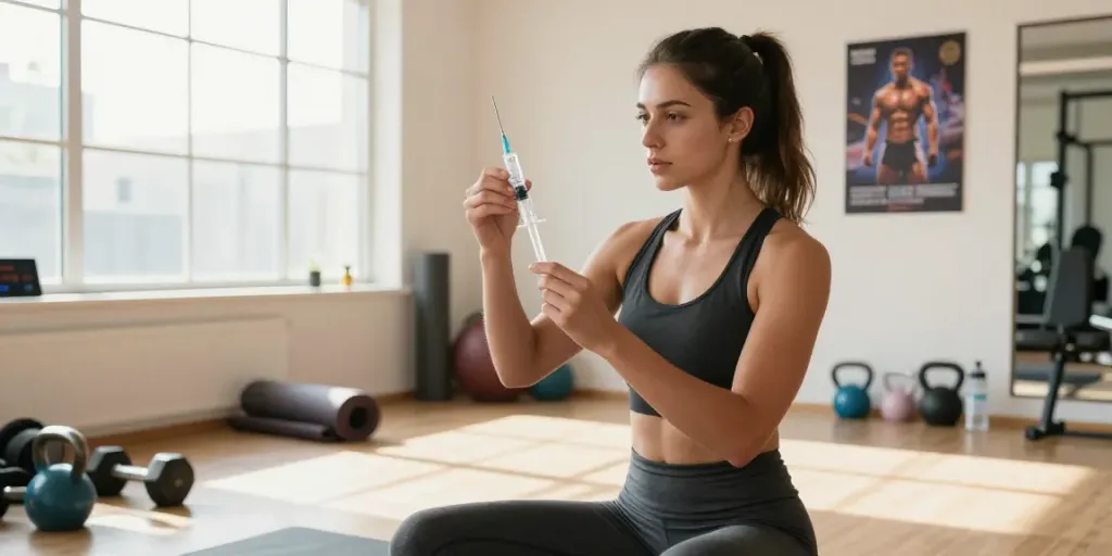 Lipo C peptide injection preparation in a vibrant gym setting focused on fitness and wellness.