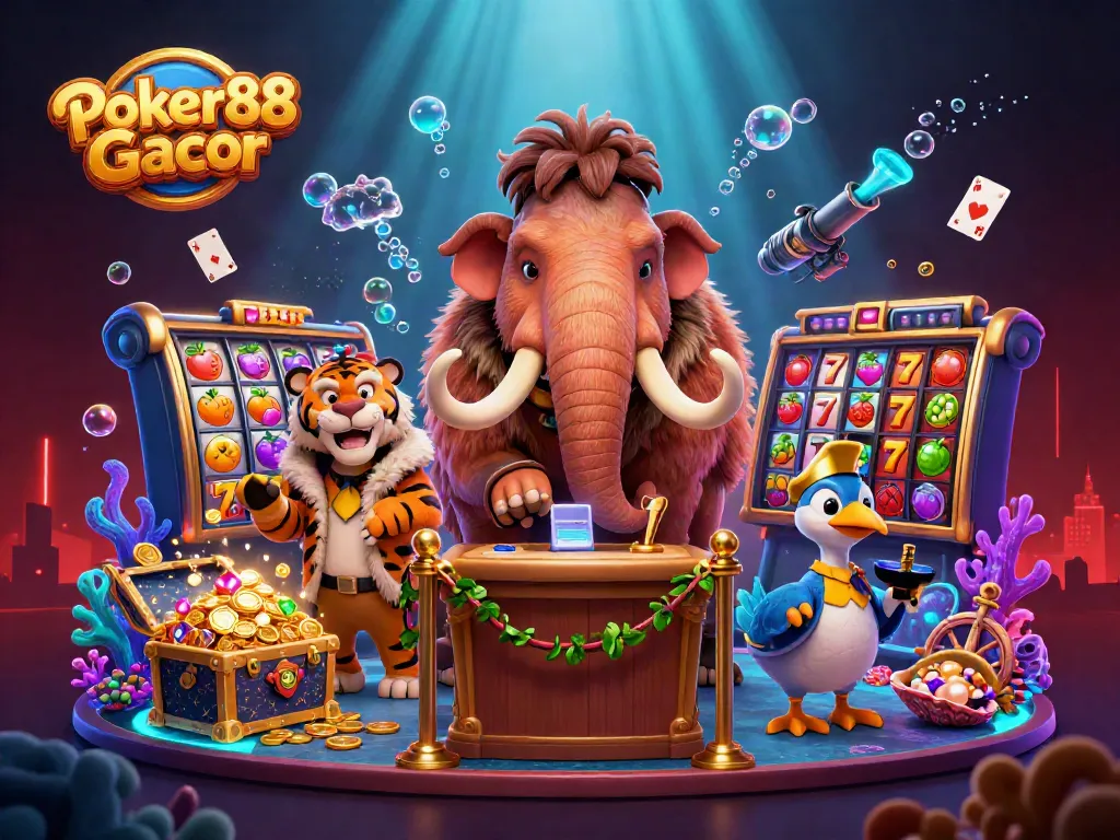 Engage with Poker88 Gacor in a vibrant casino scene featuring iconic characters and dynamic gaming elements.