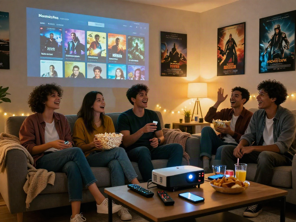 Friends enjoying a movie night using the Moviebox app, popcorn and snacks, cozy living room atmosphere