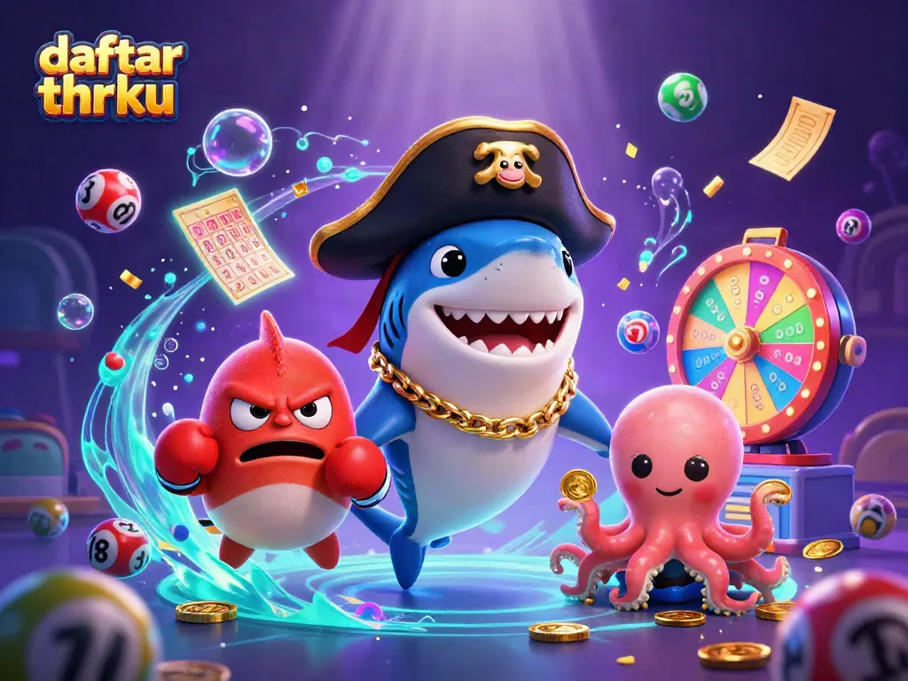 Engage with daftar thrku as a colorful cartoon shark, pufferfish, and octopus celebrate in a casino-themed adventure.