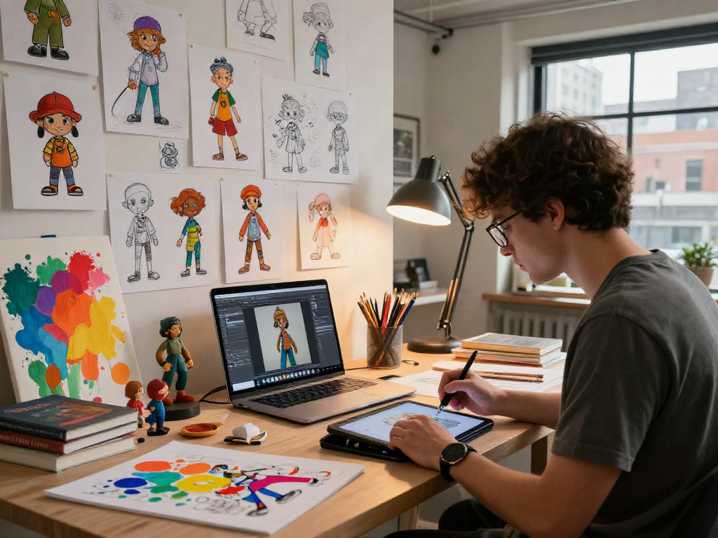 Character AI NSFW design artist in vibrant urban studio, creating unique character sketches.