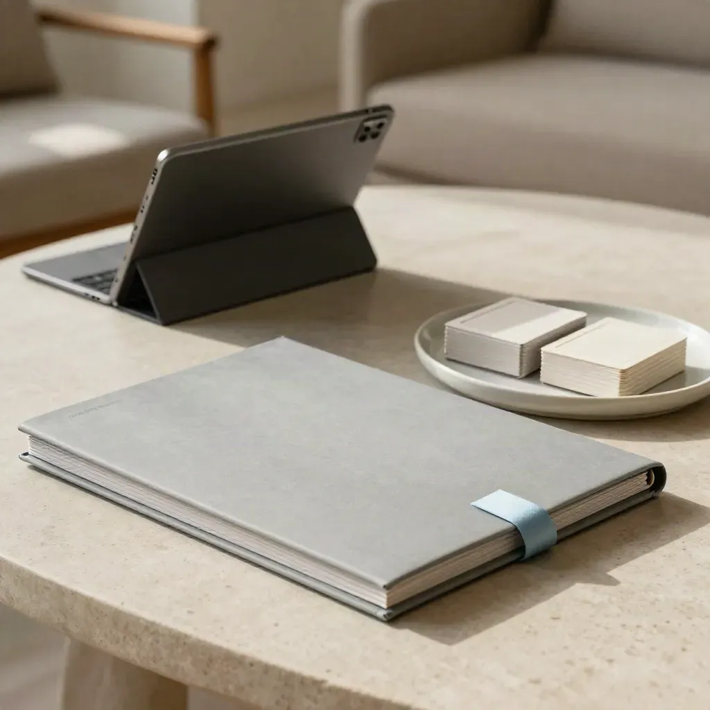 Growth marketing bundle with folder, tablet, card decks, and tray on pale stone.