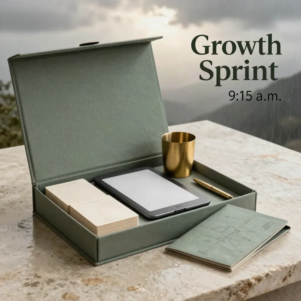 Opened growth strategy kit with cards, tablet, brass cup and roadmap sleeve on wet stone.