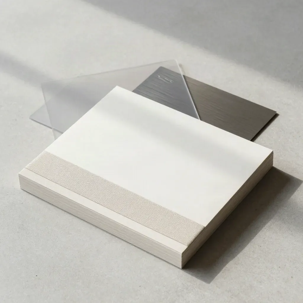 Overhead flatlay of a plaster landing-page kit with layered paper panels, linen band, and pewter tile