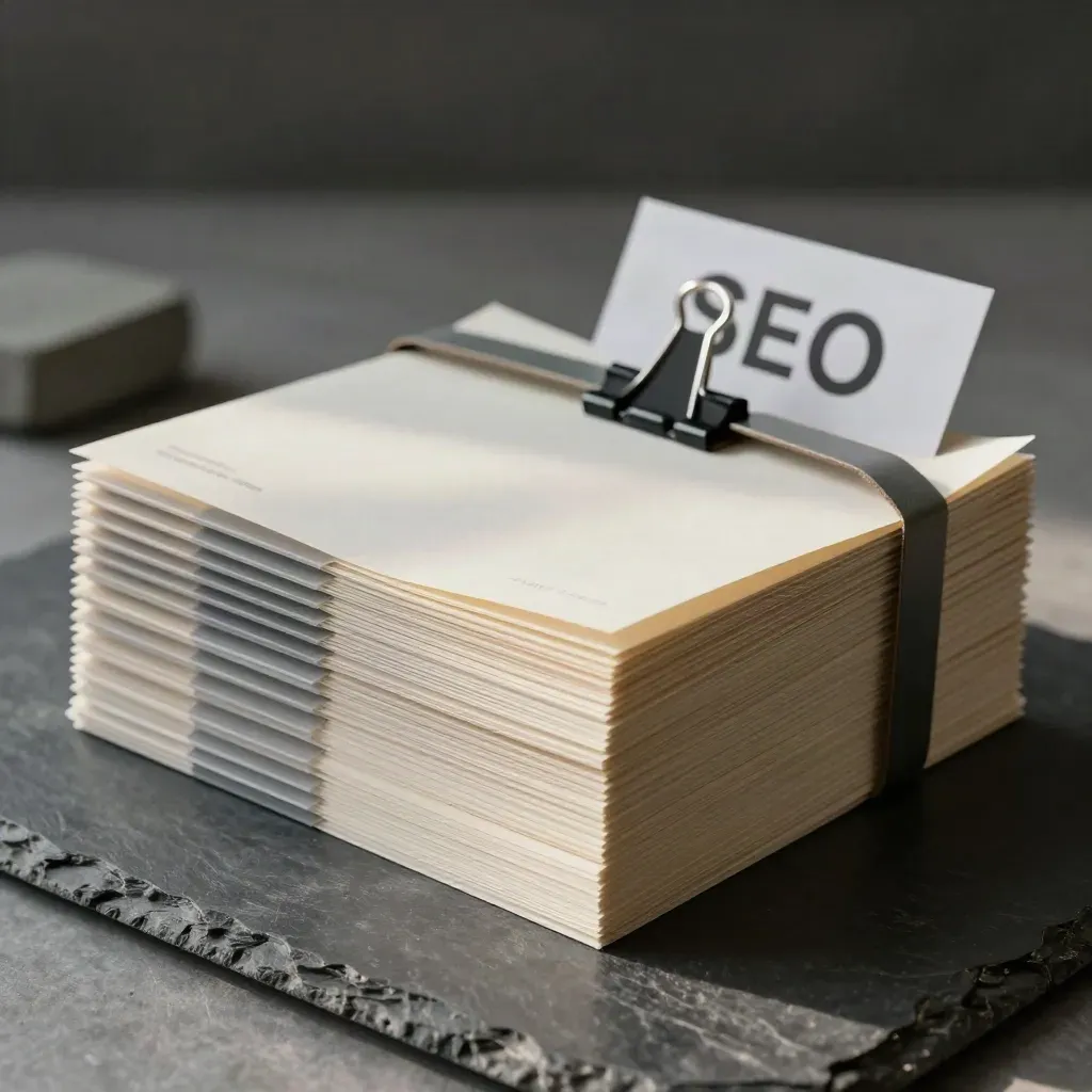 Overhead SEO audit pack of layered pale folios, tabs, paperweight and clamp on slate.