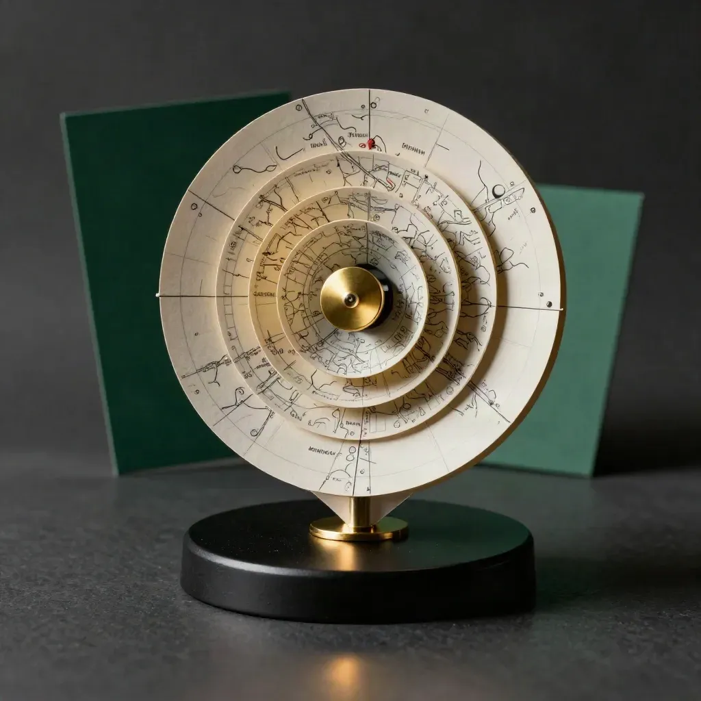 Circular funnel-map sculpture with rings, stones, and brass disc on a black studio surface.