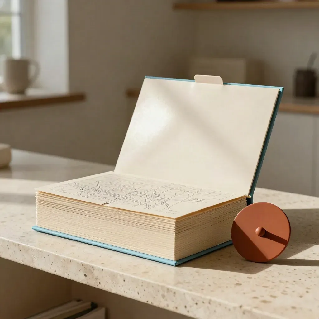 Open local SEO kit with map sleeves and terracotta pin disc on travertine