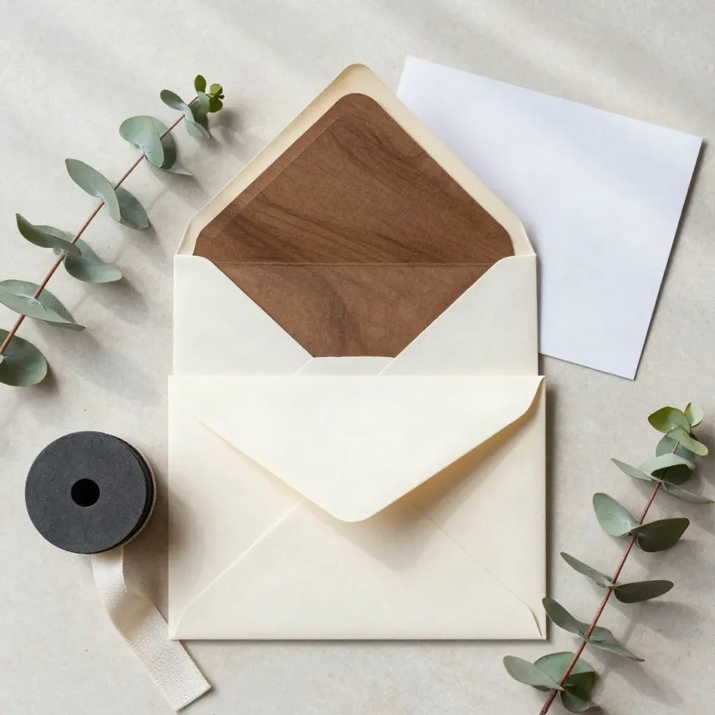 Overhead flatlay of cream envelopes, note cards, ribbon spool and eucalyptus on pale stone.