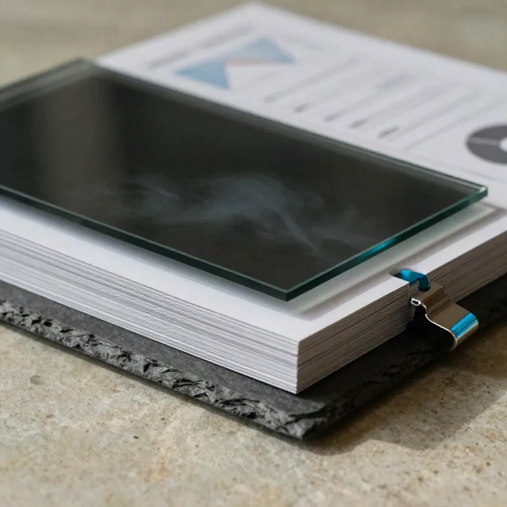 Dark glass analytics bundle with layered translucent sheets on stone, in cool studio light.