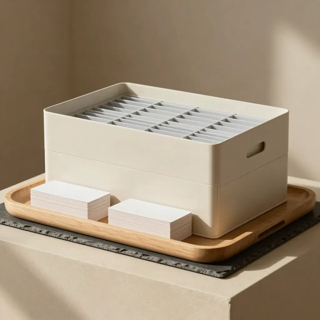 Pale growth planning box with tabbed dividers and oak tray on a plaster pedestal.