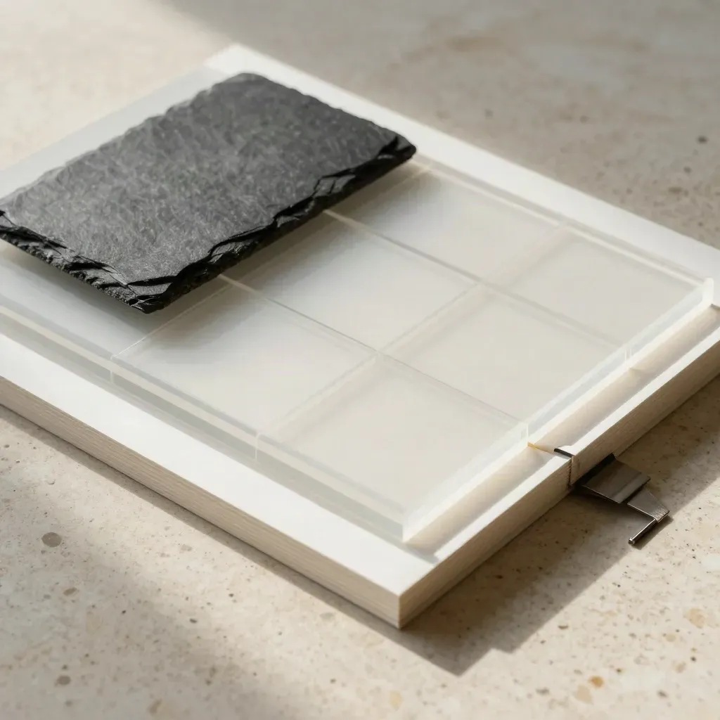 Macro flat lay of translucent audit panels, slate block and paper spine on travertine.