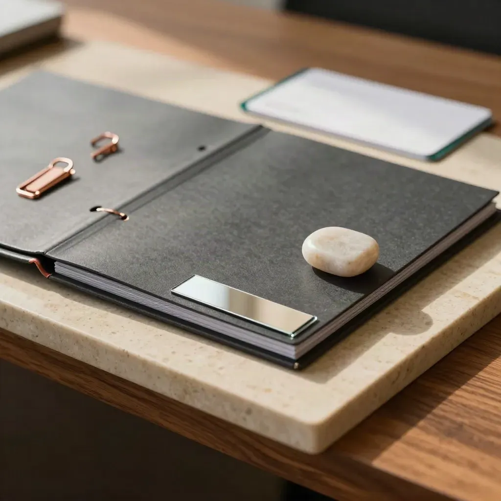 Charcoal paid search cleanup folder with mirrored strip, copper clips and stone weight on travertine.