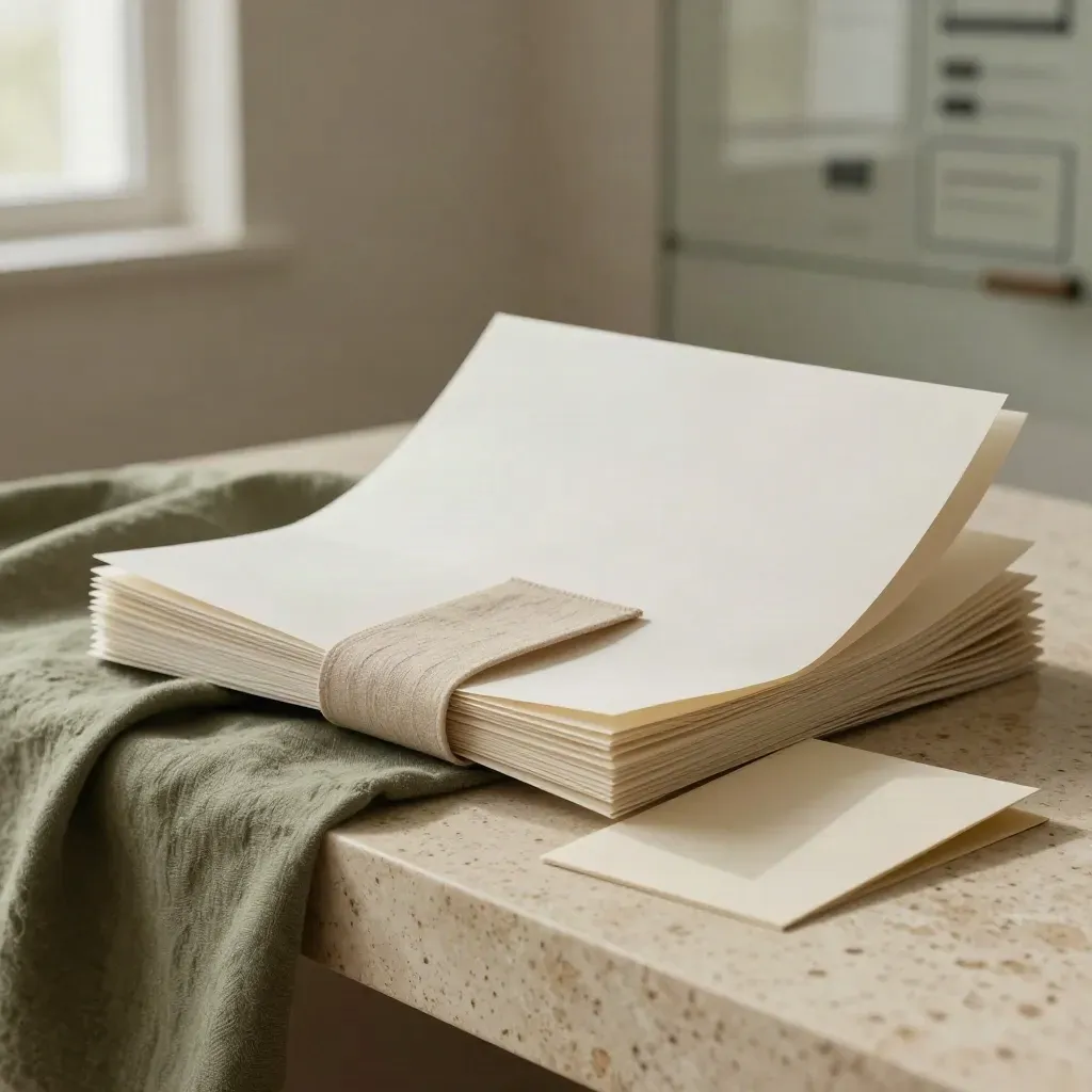 Landing page copy kit on travertine with linen band, acrylic wedge, and folded sheets.