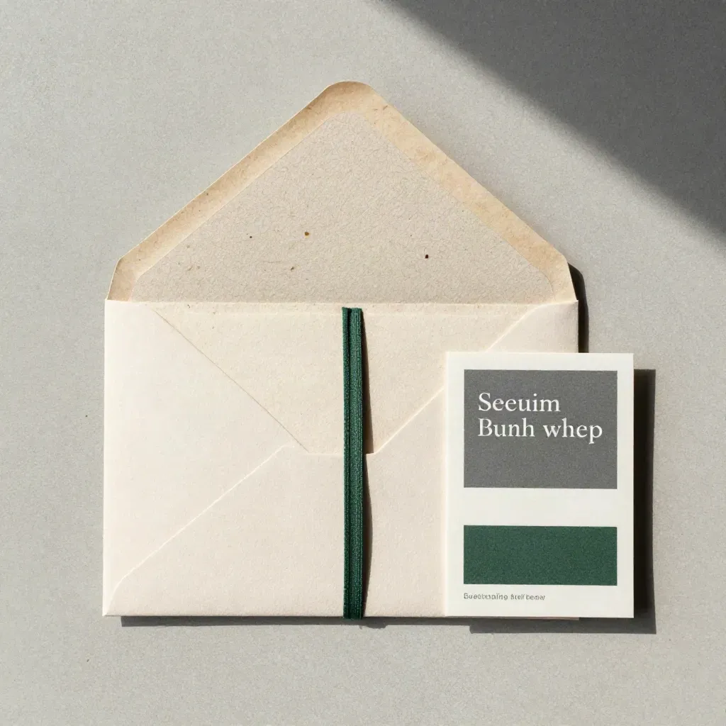 Seed-paper booklet half-slid from sleeve beside a tied insert on pale concrete