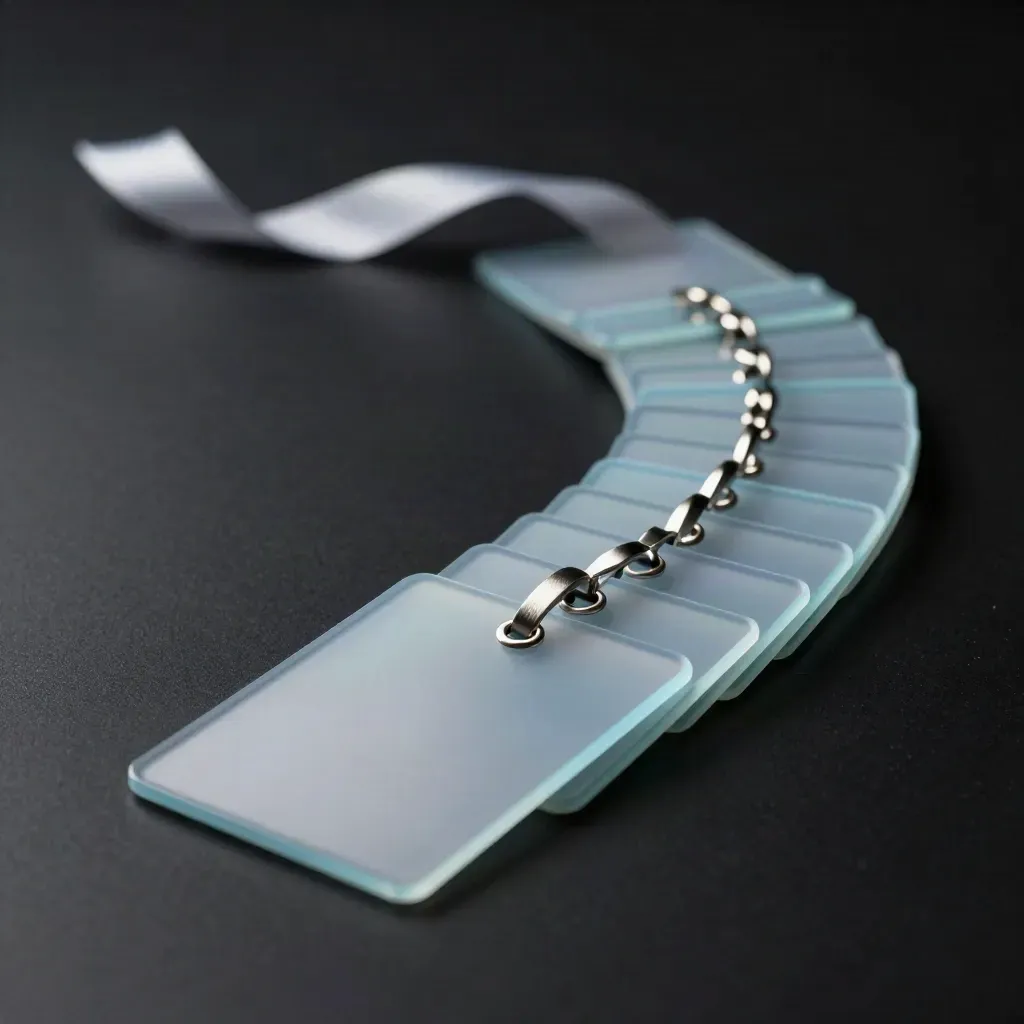 Translucent retargeting cards with metal loop and ribbon tail on a dark studio surface.