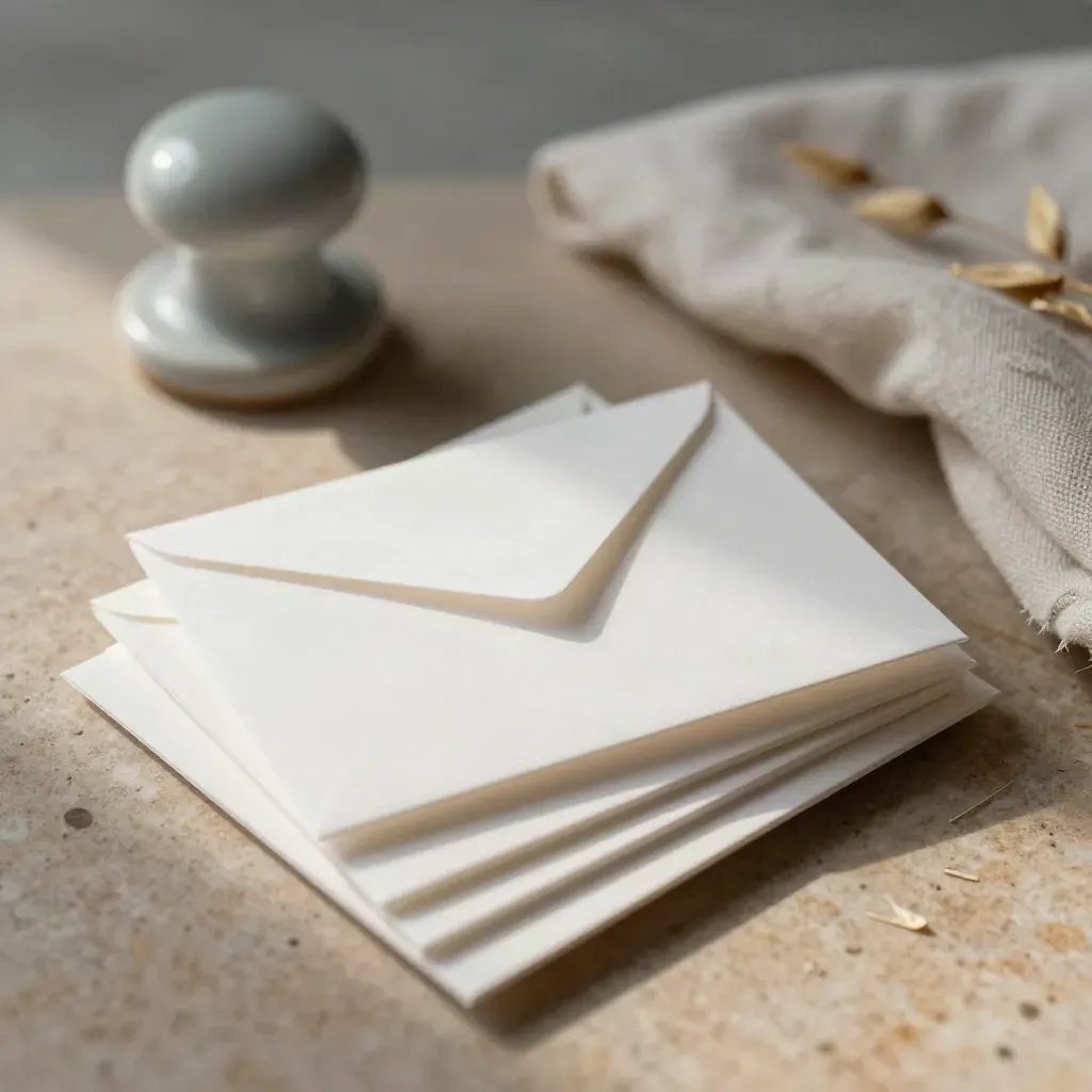Macro of staggered white cards, ceramic stopper, and folded cloth on warm stone.