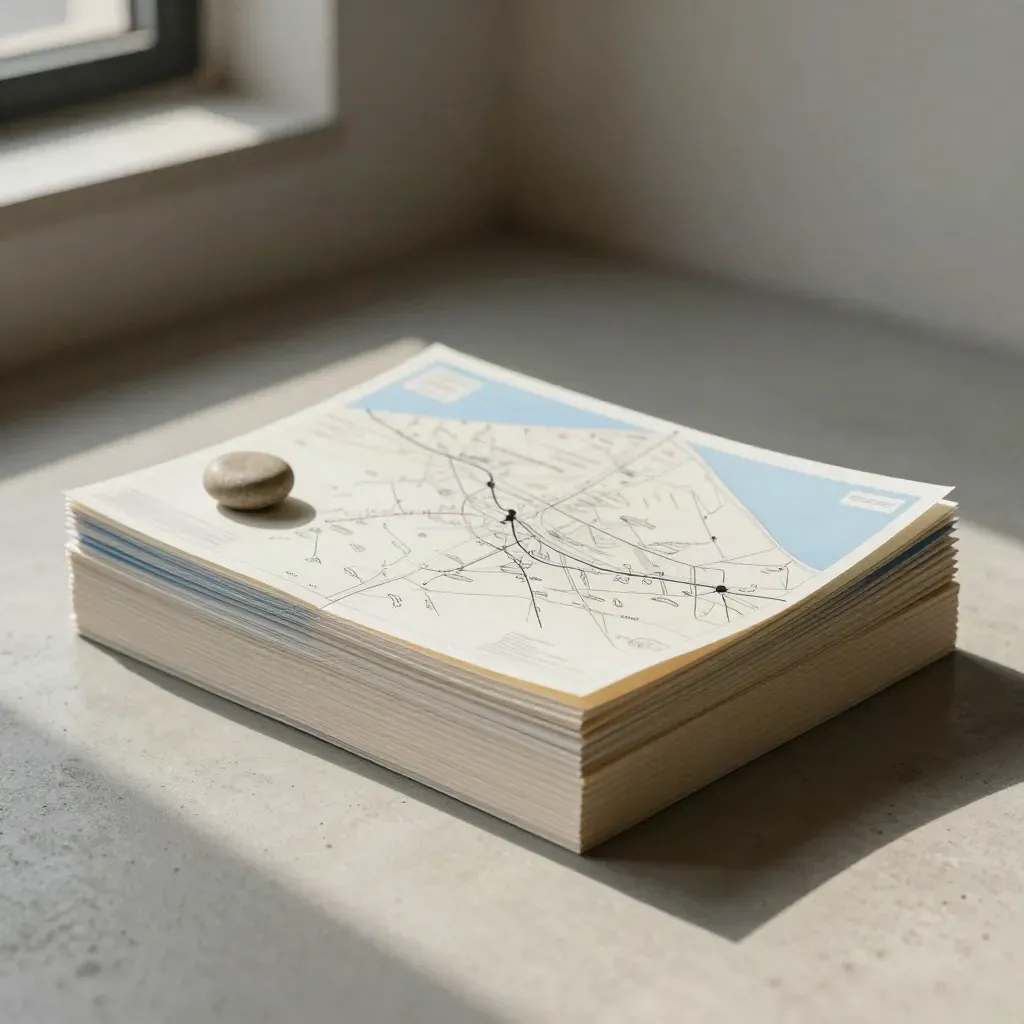 Map-like sheets, wood block, and pebble marker on pale concrete with soft daylight.