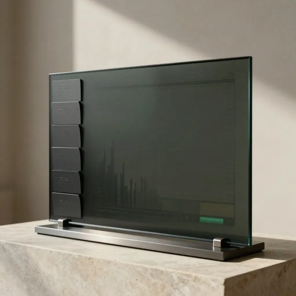 Dark glass KPI board bundle on a stone plinth with metal stand, lit like a premium studio product hero.