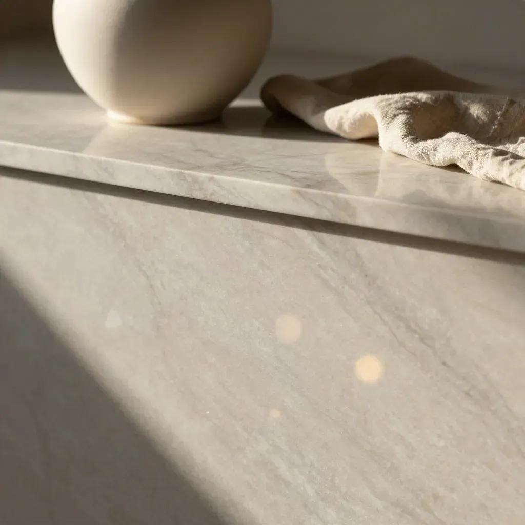 Marble counter with ceramic vessel and linen edge in warm late-afternoon light.